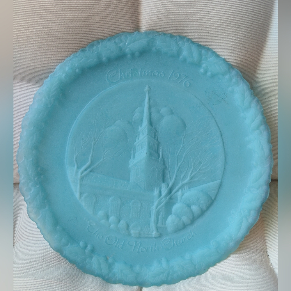 Christmas Fenton Blue Satin 1976 Christmas In America Plate The Old North Church